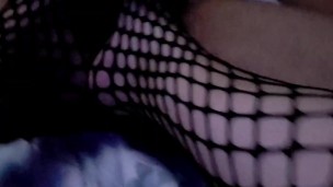 Wife gives me foot job with fishnets on