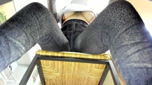 POV under desk college redhead with big tits and under boob in knit sweater