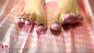 Black nail polish on toes. Masturbation in black transparent panties.
